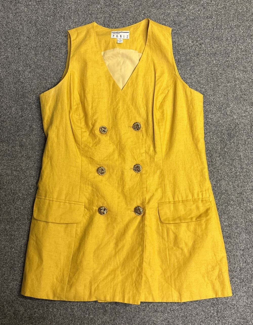 Vtg Paniz Yellow Gold Buttons Linen Sleeveless Vest Blazer Double Breasted Sz 14